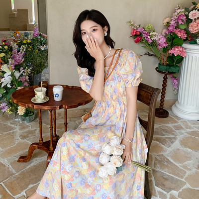 现货！2024夏季法式桔梗纯棉印花长款松紧腰连衣裙C025 P115K168