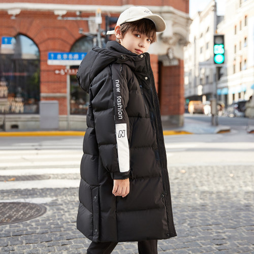 抓绒领子过膝长款加厚羽绒服男童