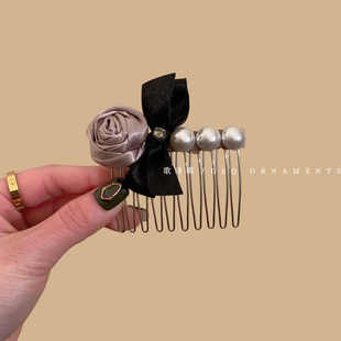 气质优雅立体玫瑰花珍珠发梳女侧边碎发卡高颅顶倒插梳发夹头饰
