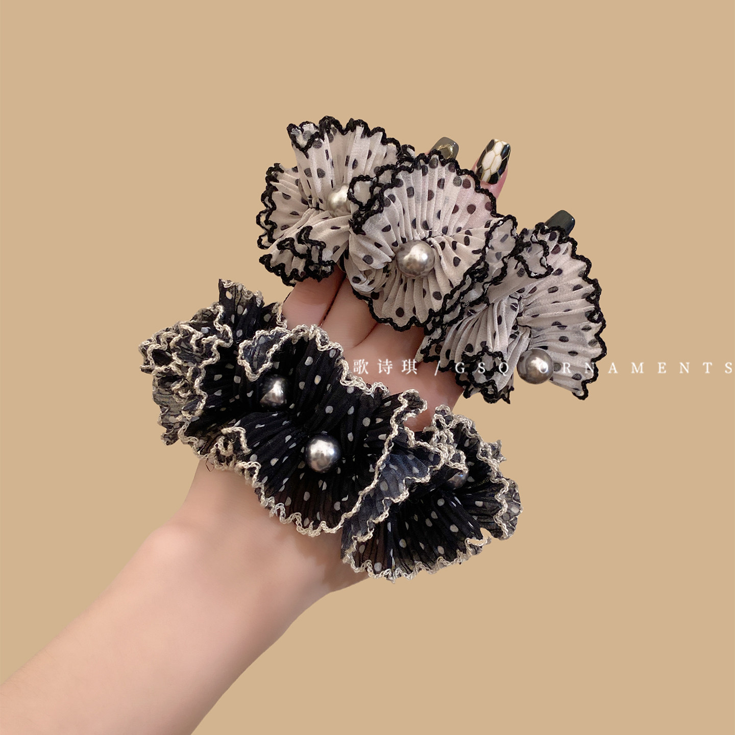 气质小香风波浪花边大肠发圈女高级感新款优雅珍珠波点丸子头绳,饰品/流行首饰/时尚饰品新,发饰,淘宝优惠券,粉丝福利购,淘宝优惠卷