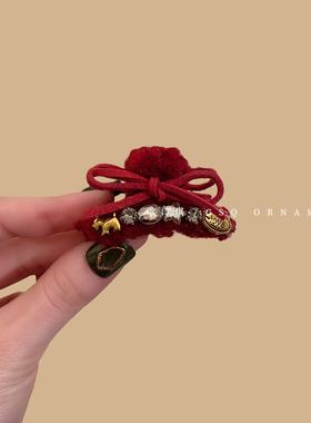 韩系复古红色毛绒蝴蝶结公主头抓夹女新年氛围感水钻半扎发夹头饰