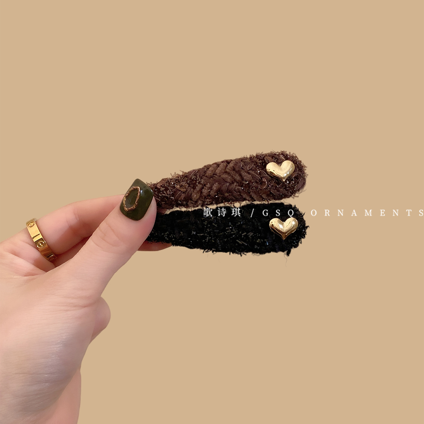 复古赫本风毛呢爱心bb夹