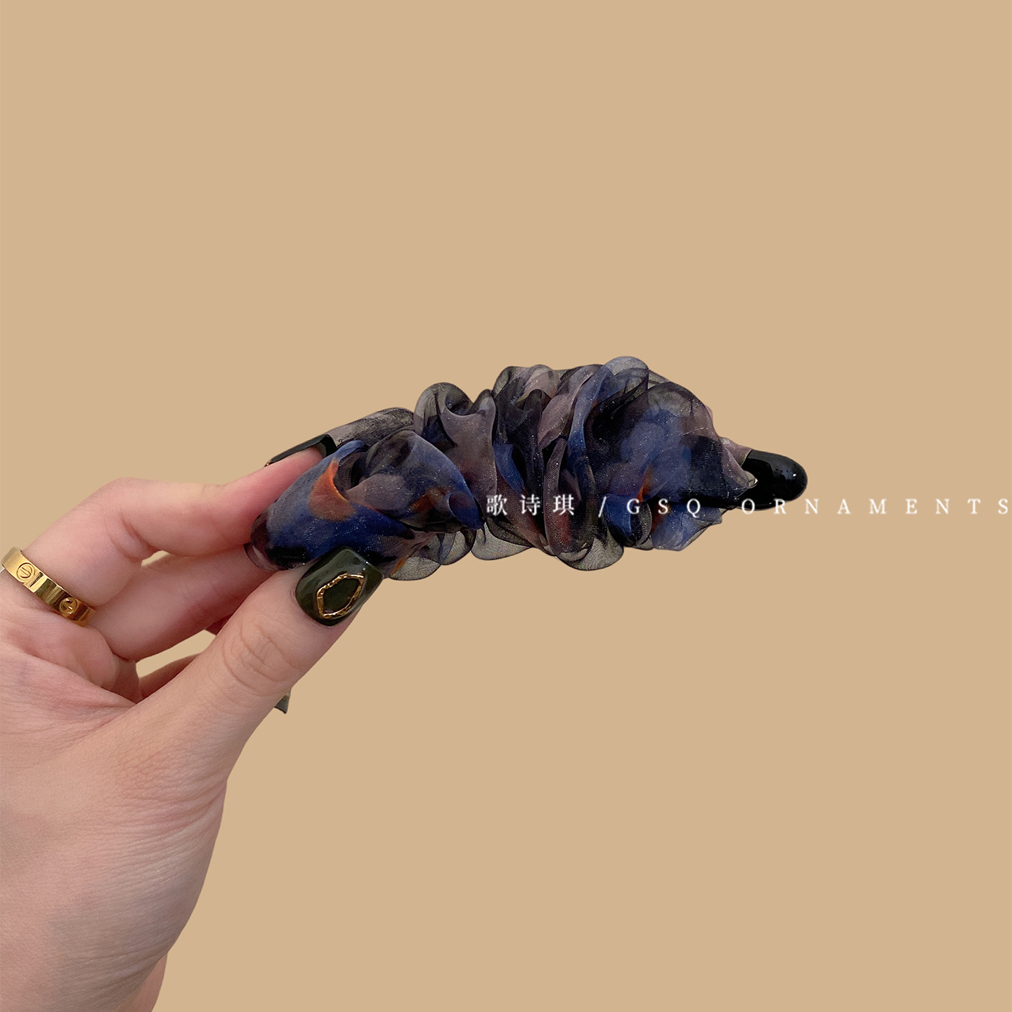 法式碎花褶皱网纱高马尾香蕉夹