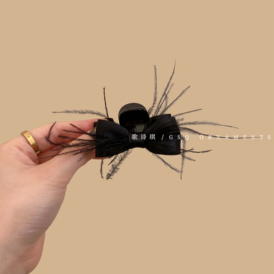 氛围感羽毛黑色蝴蝶结公主头抓夹