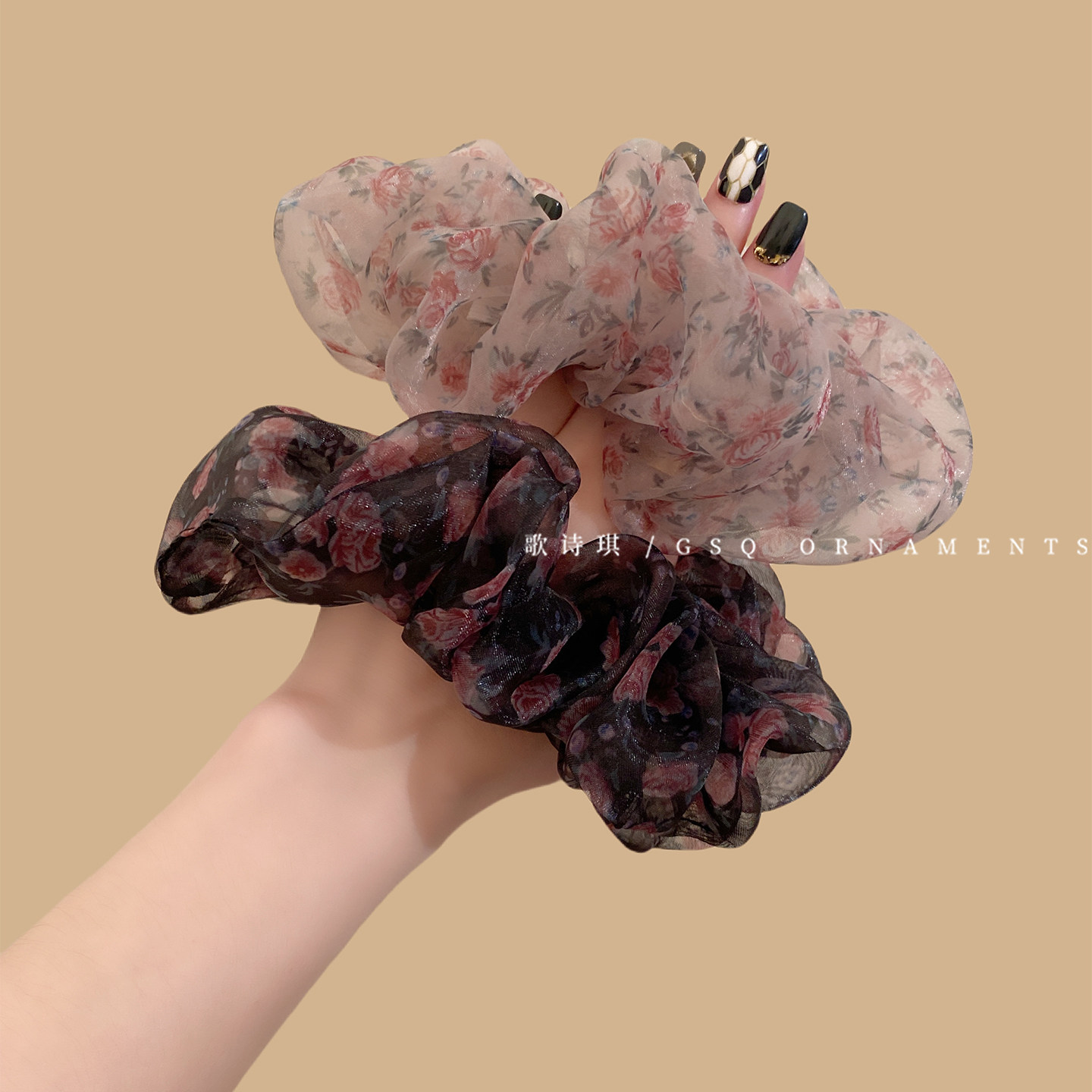 复古碎花风欧根纱大肠发圈女