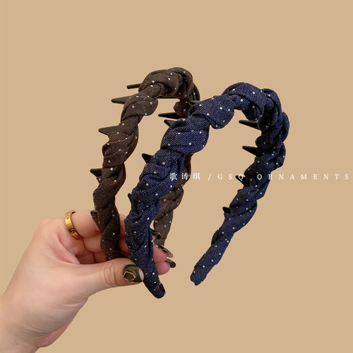 复古波点牛仔褶皱高颅顶发箍女