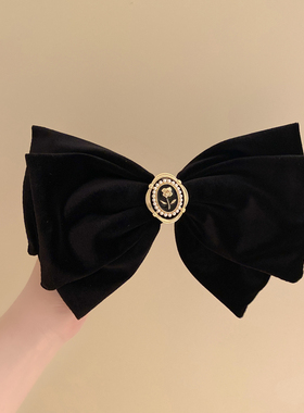 复古美人玫瑰黑色大蝴蝶结头饰弹簧发夹2024新款高端半扎发一字夹