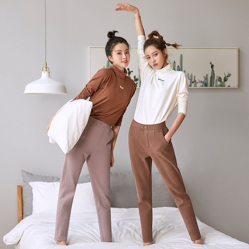 2021秋冬乳木果女裤纯色百搭中腰大码小脚裤子休闲外穿长裤微哈伦