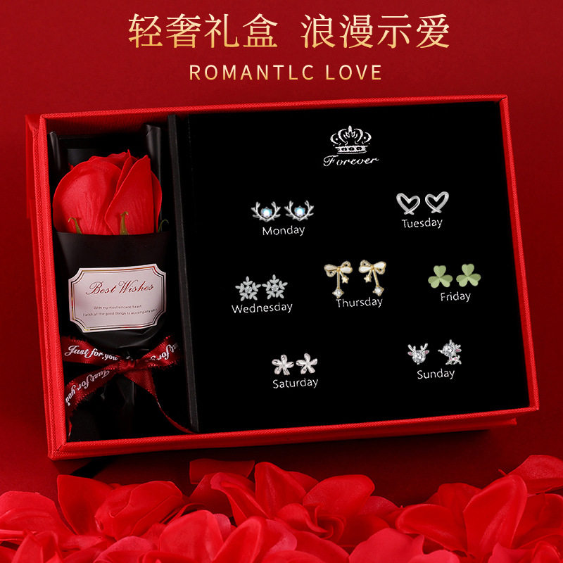 一周星期耳钉耳环女纯银耳饰新款耳钉