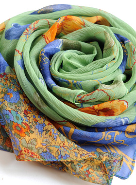 100%真丝长丝巾桑蚕丝领巾皱围巾春秋冬季披肩纱巾头巾蓝绿橙色