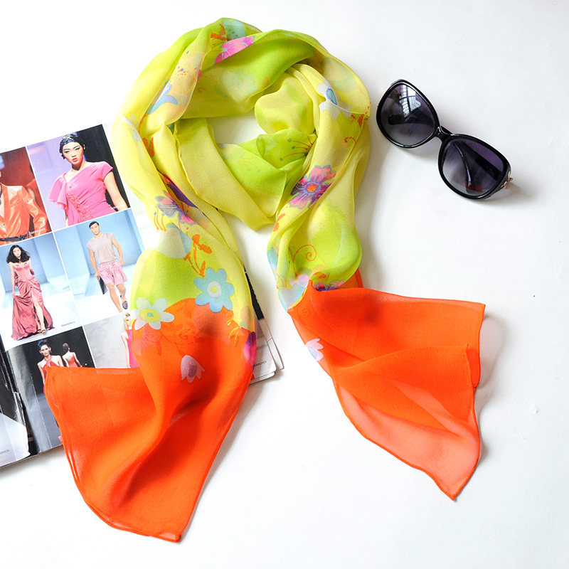 桑蚕丝绸小长巾丝巾春秋冬季领巾窄披肩真丝围巾头巾纱巾女士桔红