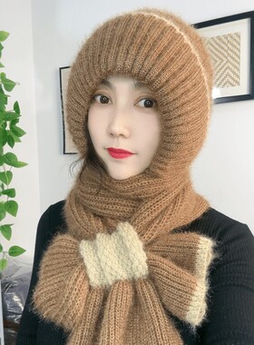 秋冬围巾一体针织帽女加绒加厚