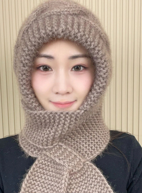 新款秋冬中老年护耳帽手工针织毛线帽女士保暖加厚围脖一体风雪帽