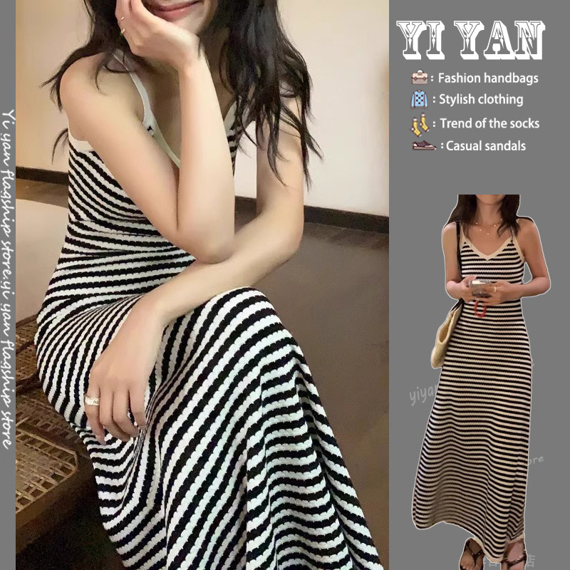 RIERA法式高级条纹v领吊带连衣裙女夏季新款收腰休闲无袖背心针织