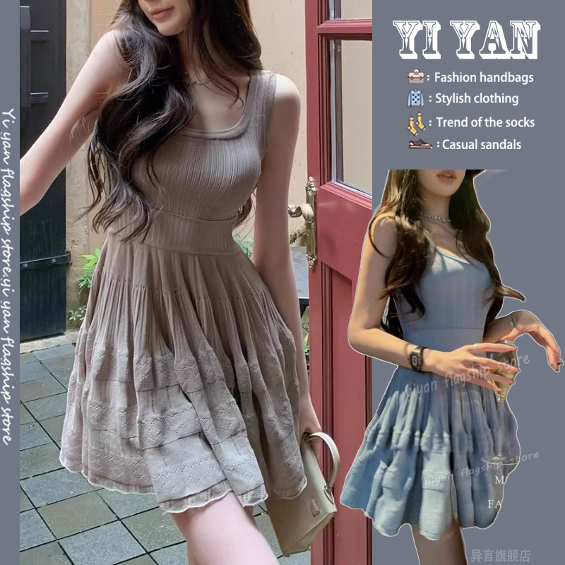 RIERA小个子垂感针织无袖背心裙女夏季新款修身显瘦蓬蓬U领短款连