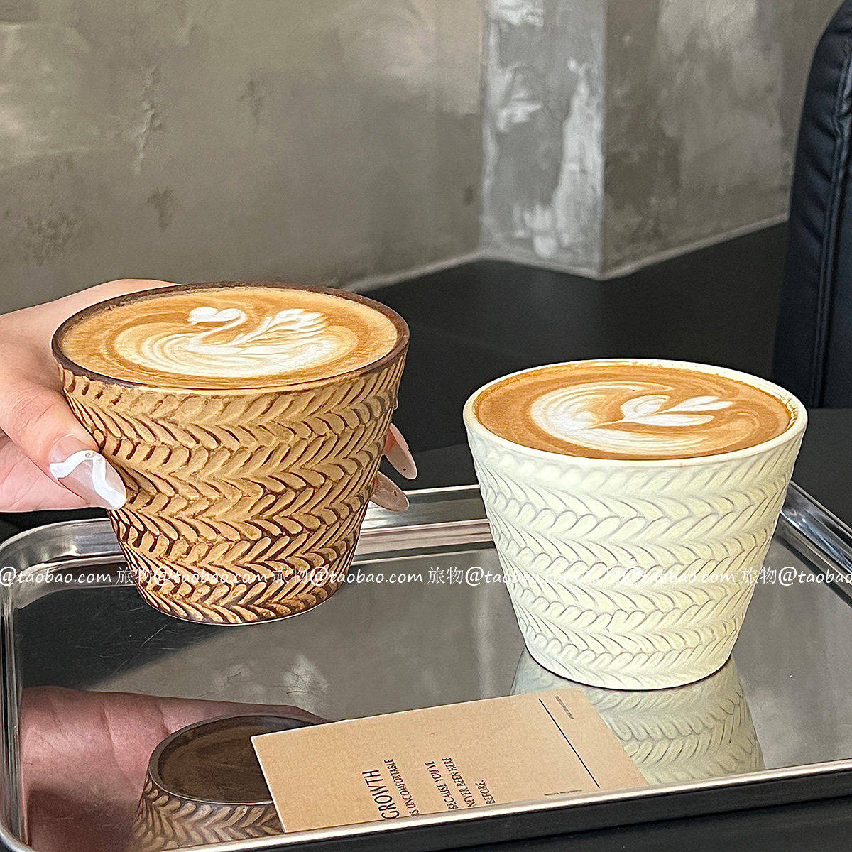 复古麦穗纹陶瓷咖啡拉花杯手握杯