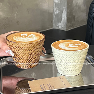 复古窑变浮雕麦穗纹陶瓷猪口杯咖啡杯拉花杯ins手握杯大口径茶杯