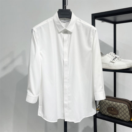 DH男装夏季合身七分袖纯色小方领衬衫亲肤莫代尔中袖免烫弹力衬衣