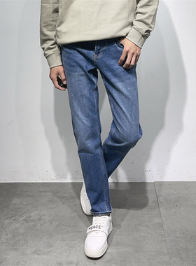 意式高端25年秋季弹力合身小直筒牛仔裤 水洗猫须蓝色牛仔长裤