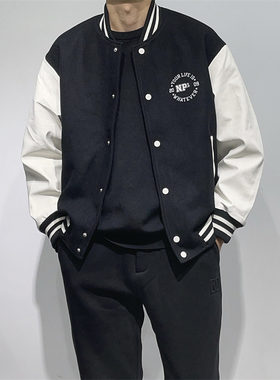 SLP风格宽松版棒球服 绵羊毛呢夹克男女款防皮黑白色撞色明星外套