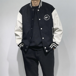 SLP风格宽松版棒球服 绵羊毛呢夹克男女款防皮黑白色撞色明星外套