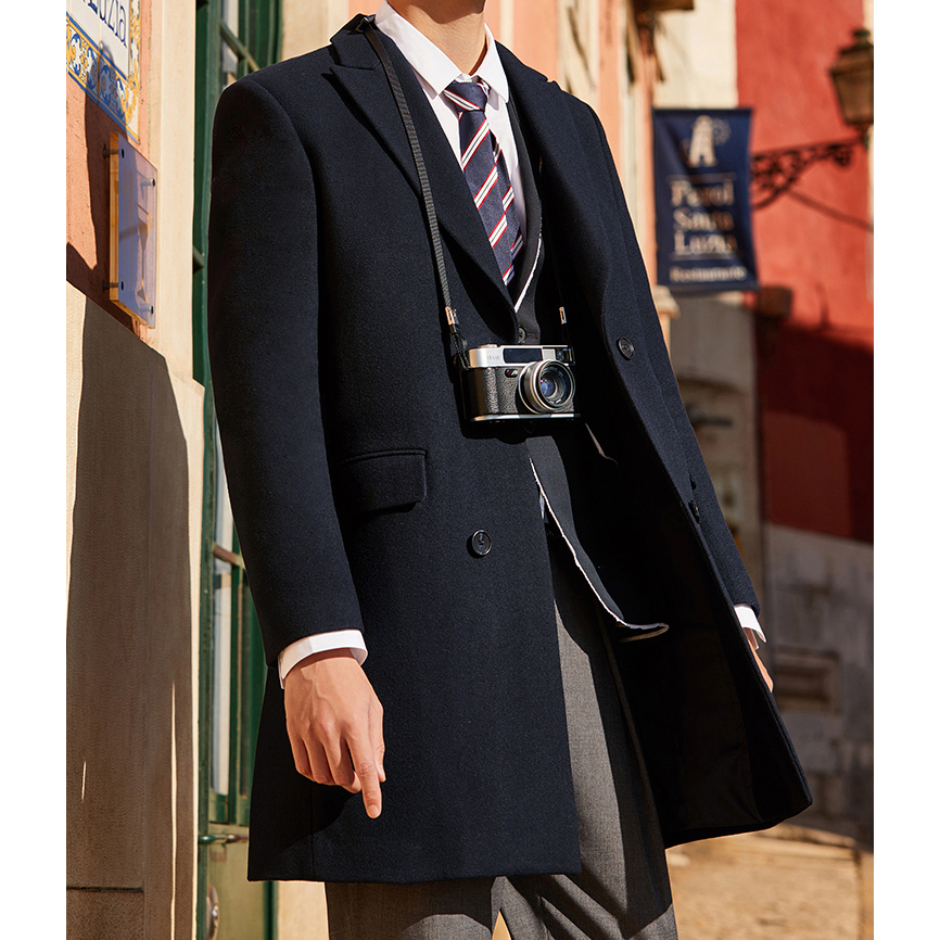 型男首选!轻奢系冬季修身中长款双排扣厚挺羊毛呢大衣外套 藏青色