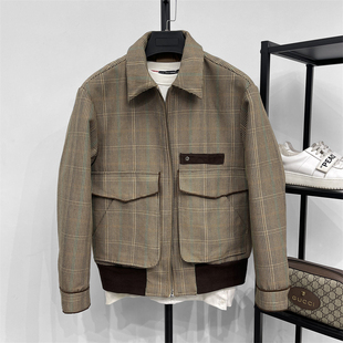 轻奢硬货秋冬季厚挺羊毛混纺休闲短款夹克 翻领拉链咖格茄克外套