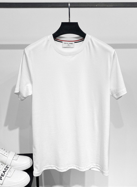 DH高端定制夏季新款修身纯白色双丝光棉TB织带圆领纯棉短袖T恤衫