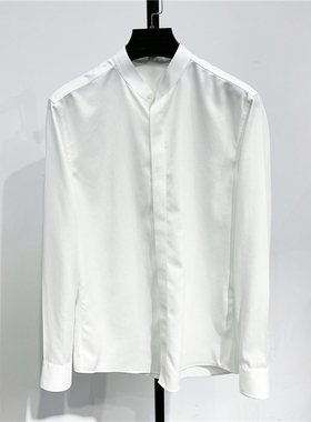 DH原创系秋季长袖抗皱高支棉衬衫男士休闲立领免烫青年纯白色衬衣