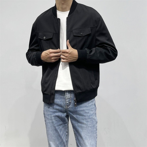 潮牌秋季合身版多口袋棒球领夹克衫 黑色立领棒球服 拉链印花外套