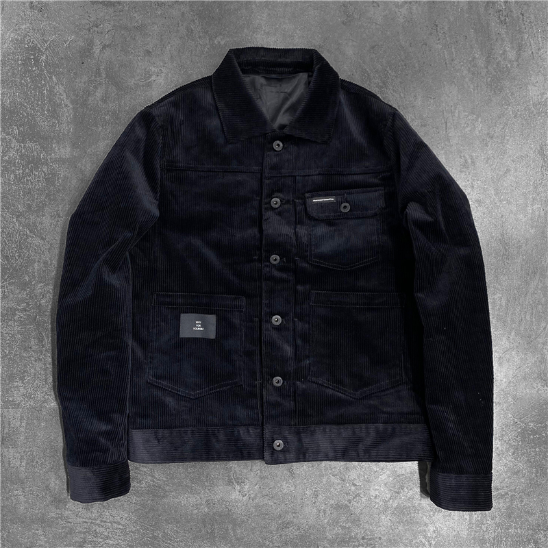 春秋季翻领修身灯芯绒工装夹克黑