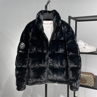 高蓬松90白鸭绒 鸟系列金丝绒宽松版立领羽绒服加厚保暖外套 黑色