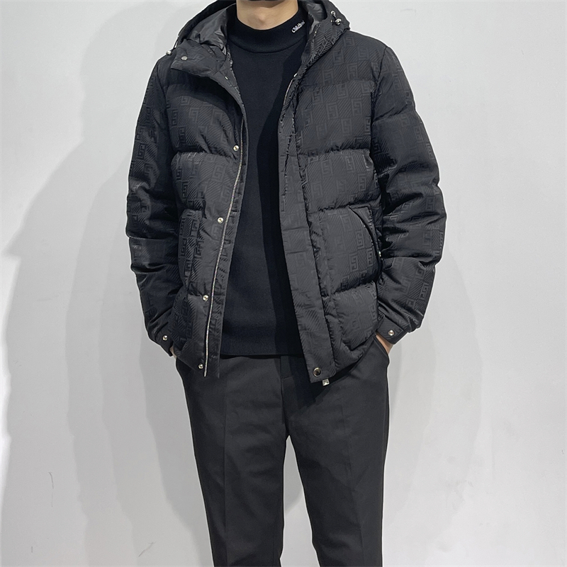 定织面料 意式高端鹅绒服  高蓬松白鹅绒男士连帽提花羽绒服夹克