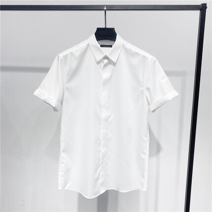 DH高端夏季绸缎短袖纯白抗皱衬衫男士高支纯棉方领免烫修身白衬衣