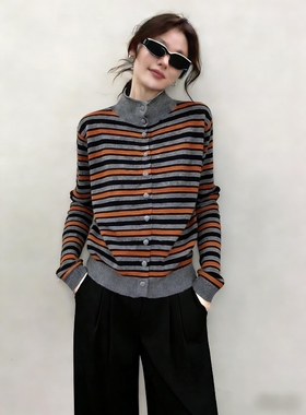 韩式搭配一整套冬装气质时尚复古条纹立领针织衫阔腿裤两件套装女