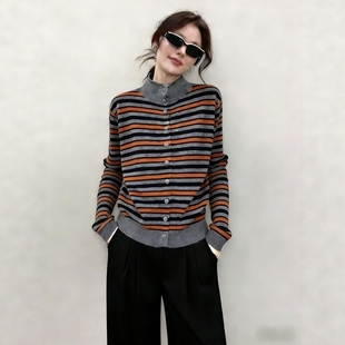 韩式搭配一整套冬装气质时尚复古条纹立领针织衫阔腿裤两件套装女