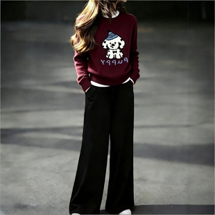 韩式搭配一整套冬装圣诞穿搭酒红色圆领卡通加厚毛衣阔腿裤套装女