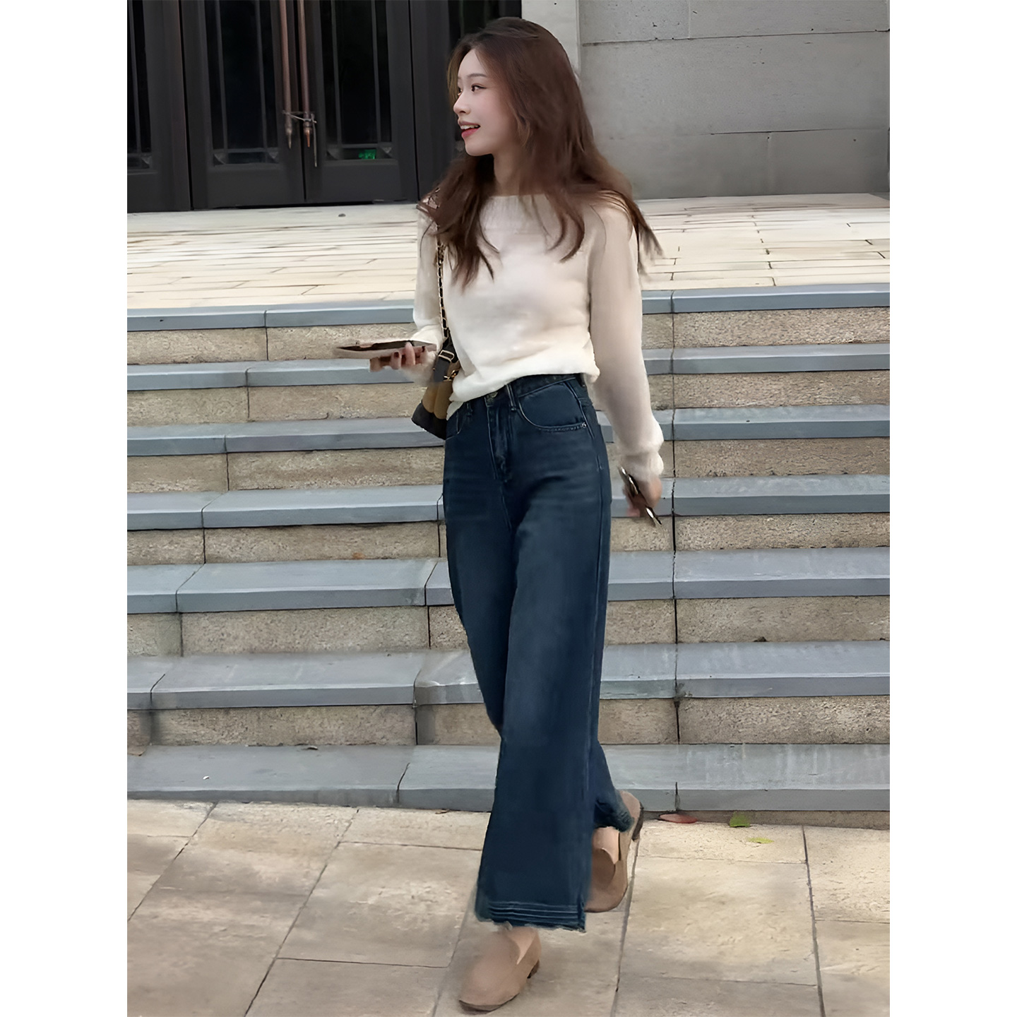 小香风白色上衣牛仔裤两件套装