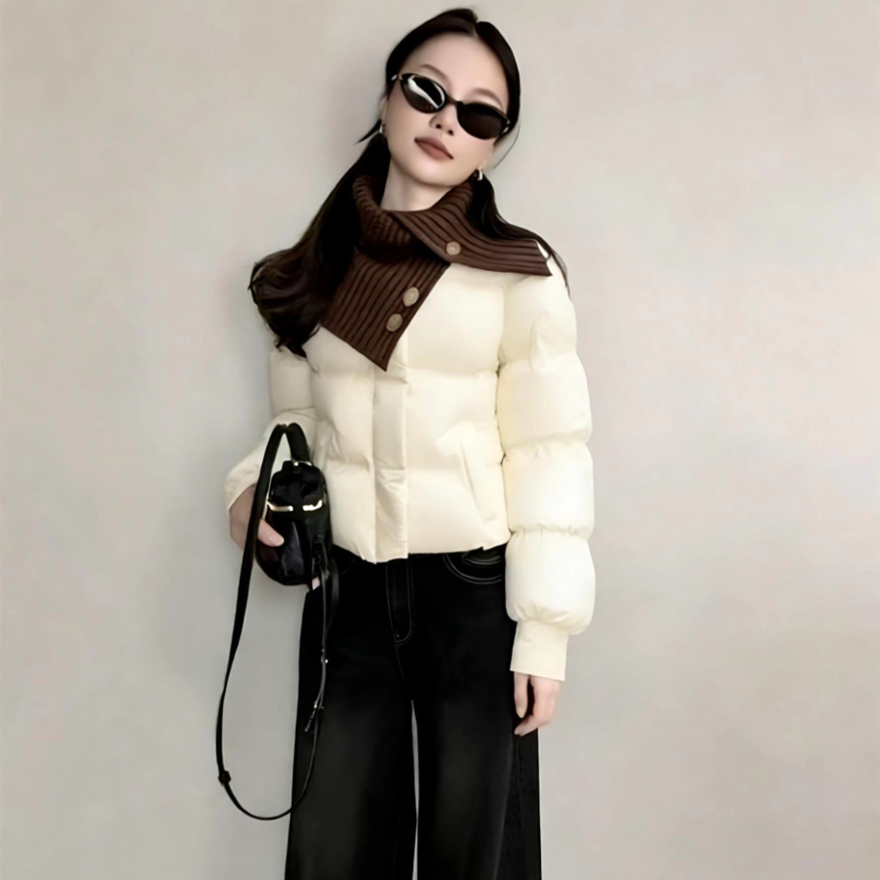 白色立领棉服上衣牛仔裤两件套装