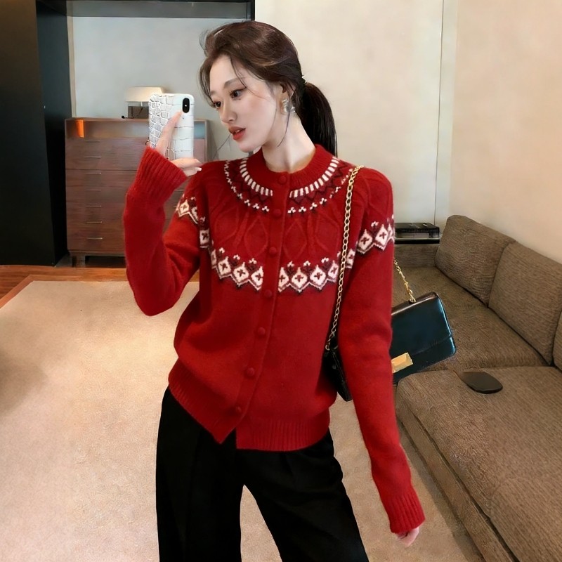 2026超火春装一整套新年战袍本命年费尔岛提花红色毛衣阔腿裤套装,女装/女士精品,时尚套装,淘宝优惠券,粉丝福利购,淘宝优惠卷