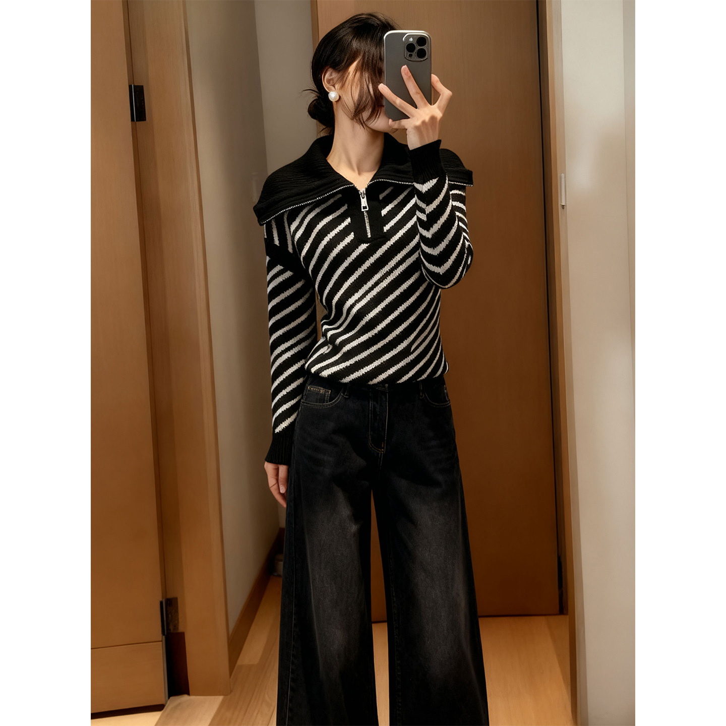 小众设计感毛衣直筒牛仔裤套装