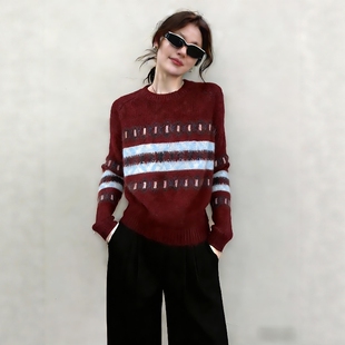 2026超火冬装一整套复古费尔岛风红色条纹针织上衣阔腿裤减龄套装