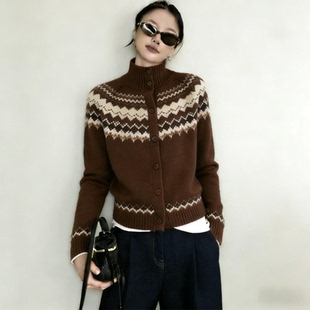 韩式搭配一整套冬装小众设计感费尔岛提花针织开衫牛仔裤套装秋冬