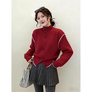 韩系绝美小套装冬装2026新款撞色高领加厚针织开衫百褶短裙两件套