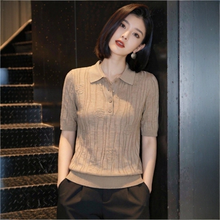 气质翻领短袖 套装 针织衫 简约百搭时尚 女驼色显瘦薄款 初夏绝美套装