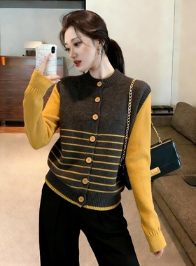 韩系一整套ootd穿搭秋冬小个子假两件撞色条纹针织衫阔腿裤套装女