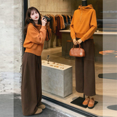 子一整套 韩系一整套深冬穿搭洋气休闲风巨好看桔色连帽卫衣棕色裤
