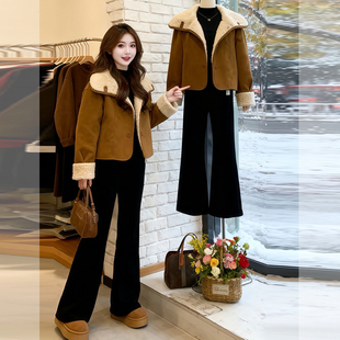 2026超火冬装 两件套 穿搭一整套复古皮毛一体双面羊羔毛短外套长裤