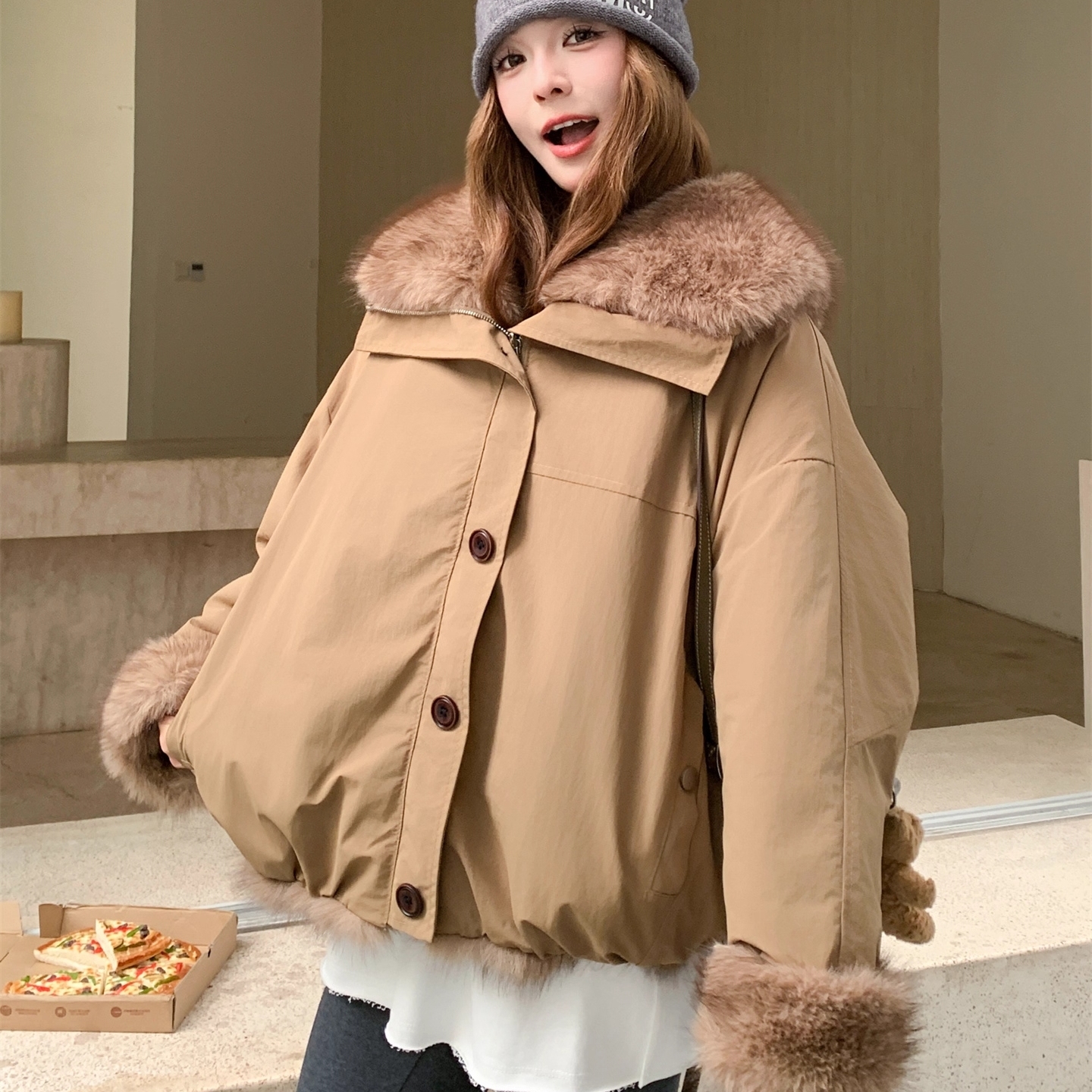 卡其色两面穿派克服女冬季2025年新款小个子加厚皮毛一体保暖棉服