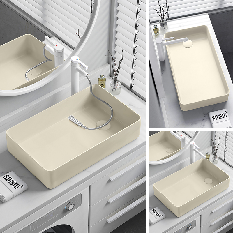 奶油色侧排水洗衣机柜偏孔边缘下去水台上盆洗手盆陶瓷洗衣盆槽池